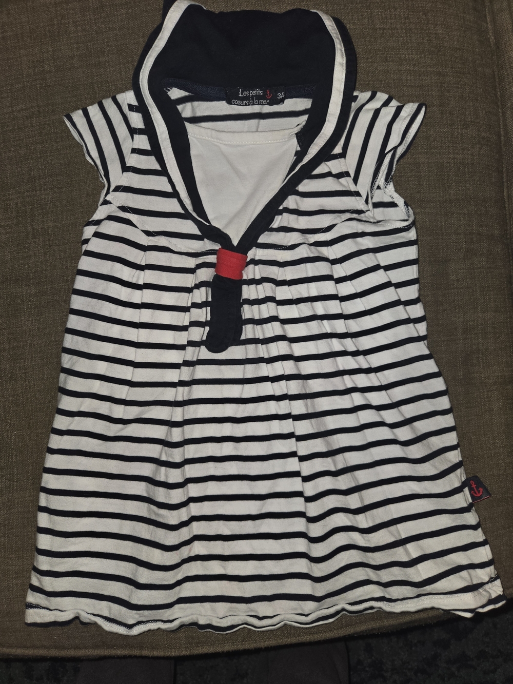 Navy and White Striped Sailor-Style Kids Dress with Red Accent